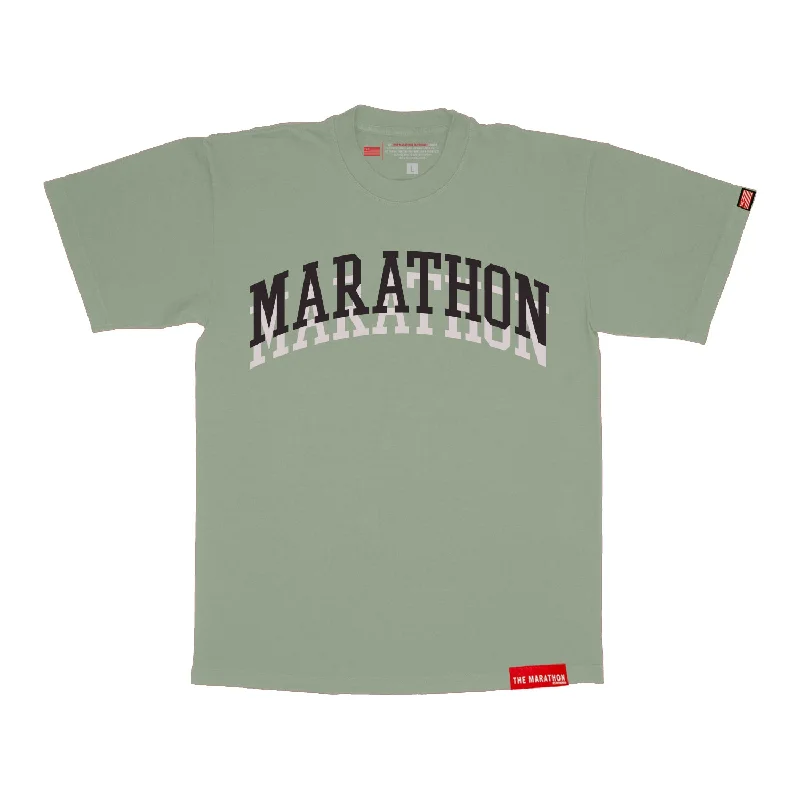 Distressed Women T Shirt with a Laid - Back AestheticMarathon Double Arch T-Shirt - Dark Sage Distressed Women T Shirt with a Laid - Back AestheticMarathon Double Arch T-Shirt - Dark Sage