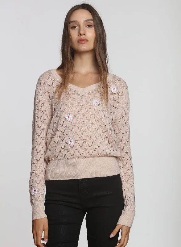 Plus Size Women's Embroidered Sweaters in Ethnic StylesMarguerite Vee - Nude