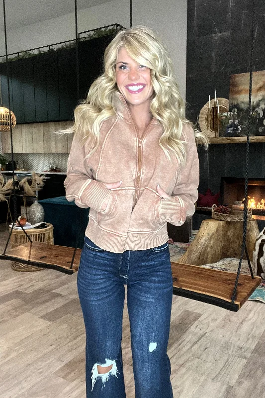 Cropped Women's Angora Blend Sweaters for a Trendy LookMocha Washed Zipper Shacket