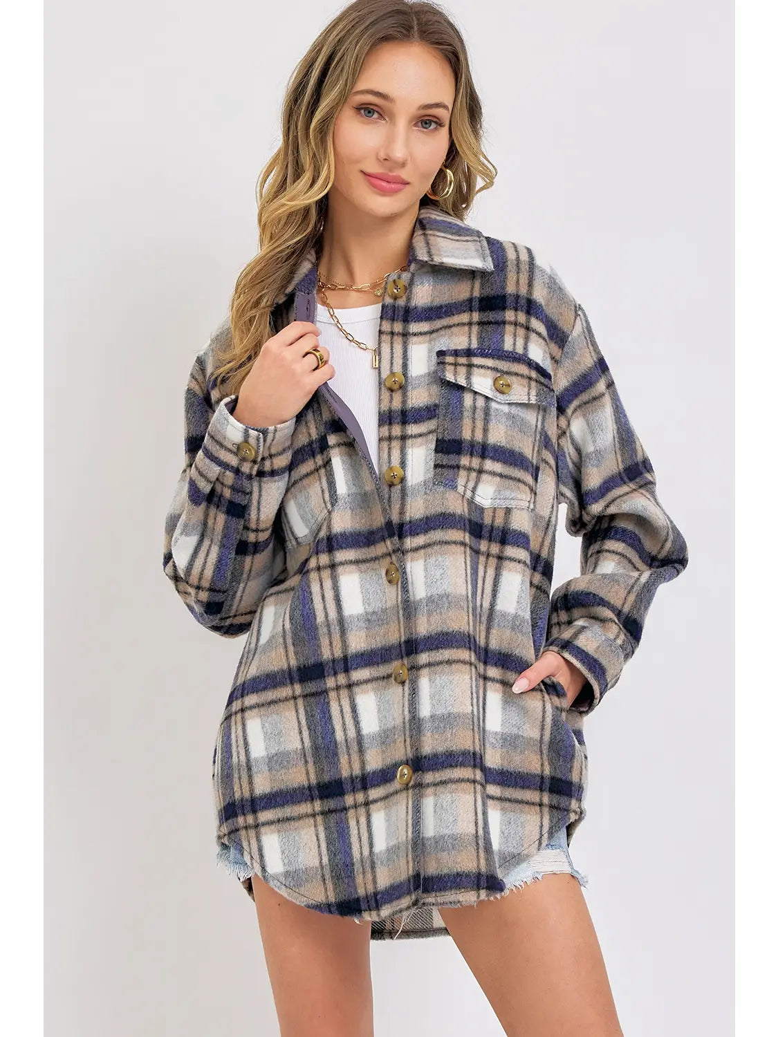 Women's Long Sleeve Turtleneck Cashmere SweatersNaval Plaid Jacket Shacket