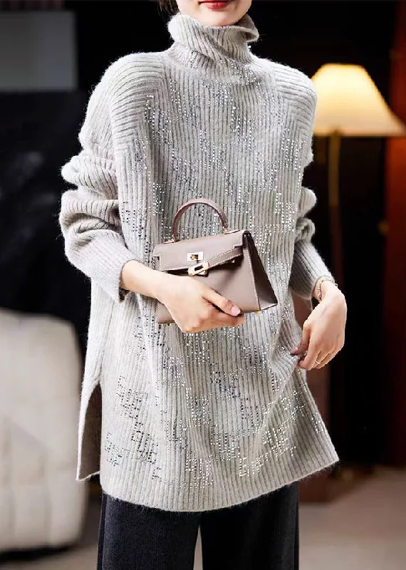 V - Neck Women's Ribbed Wool Sweaters for FallNew Grey Turtleneck Zircon Side Open Knit Sweaters Long Sleeve V - Neck Women's Ribbed Wool Sweaters for FallNew Grey Turtleneck Zircon Side Open Knit Sweaters Long Sleeve