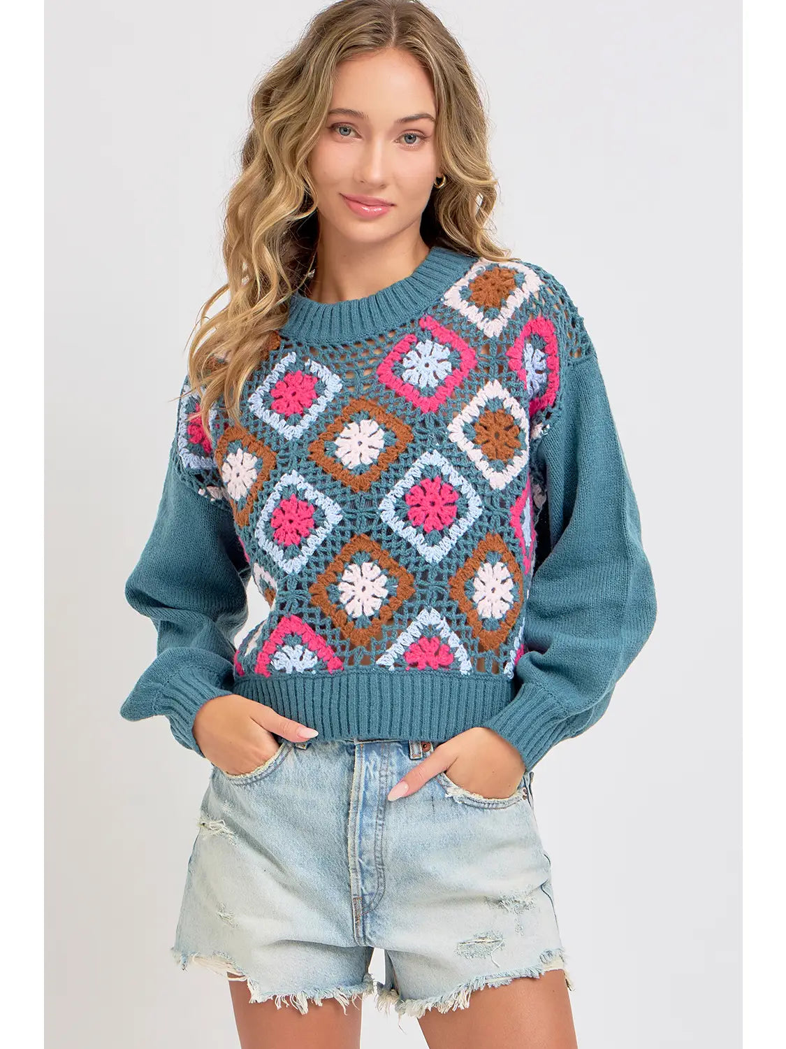 Bell - Sleeve Women's Mohair - Wool Blend SweatersNottingham Crochet Knit Sweater