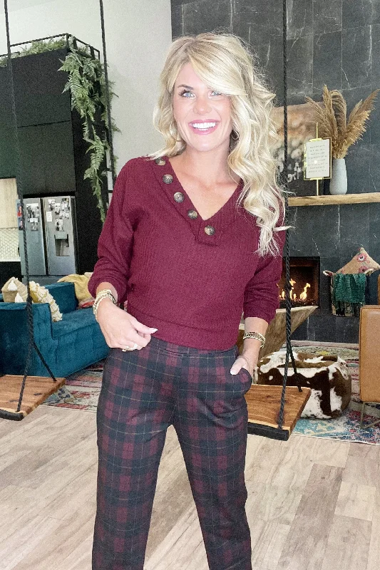 Plus Size Women's Belted Cable Knit SweatersBurgundy V-Neck Waffle Button Sweater