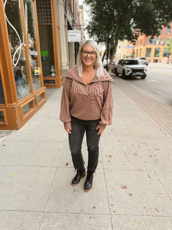 Open - Front Women's Cardigan - Style Mohair SweatersRibbed Knit Quarter Zip Sweathsirt-Mocha Open - Front Women's Cardigan - Style Mohair SweatersRibbed Knit Quarter Zip Sweathsirt-Mocha