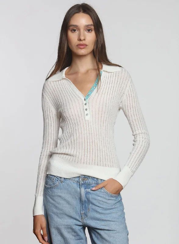 Plus Size Women's Belted Cable Knit SweatersRobin Rib Polo - White