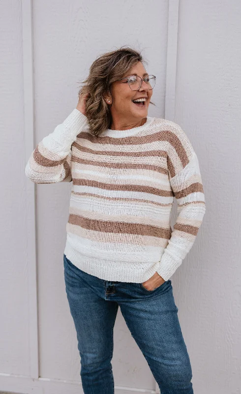 Open - Front Women's Cardigan - Style Mohair SweatersTRISTA TAUPE MULTI STRIPE SWEATER Open - Front Women's Cardigan - Style Mohair SweatersTRISTA TAUPE MULTI STRIPE SWEATER