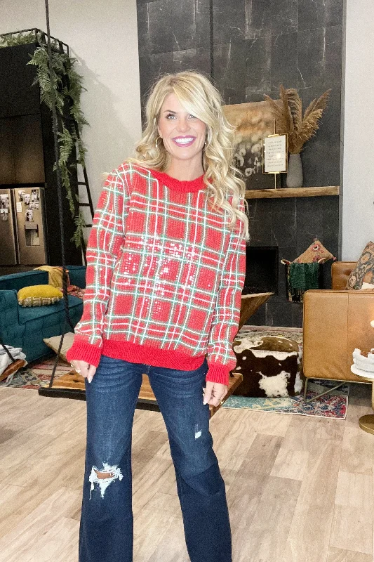 Button - Down Women's Shetland Wool Sweaters in Traditional PatternsRed Sequin Plaid Sweater Button - Down Women's Shetland Wool Sweaters in Traditional PatternsRed Sequin Plaid Sweater