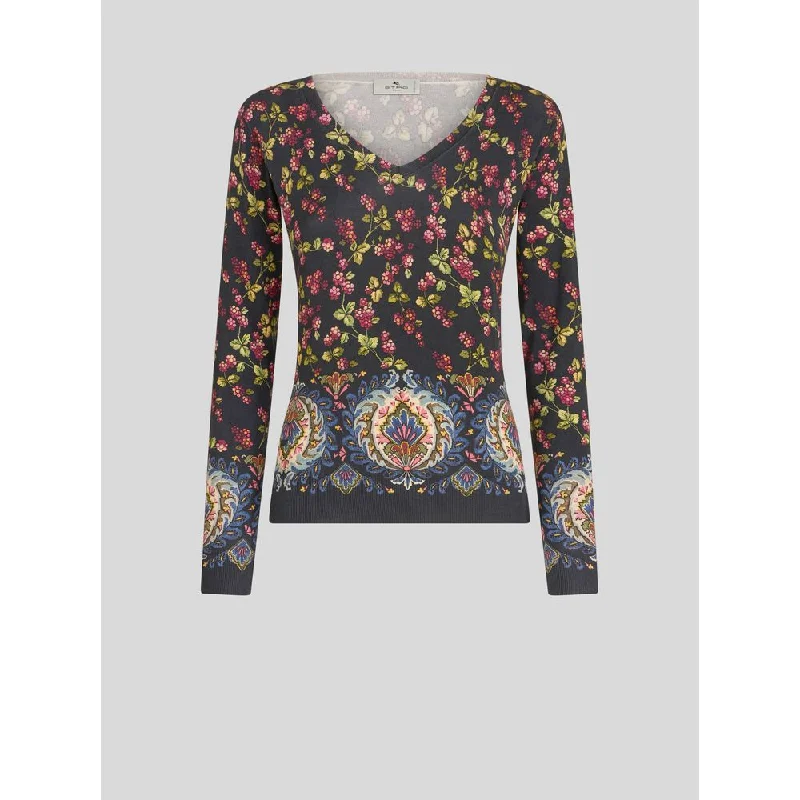 Plus Size Women's Ruffled Hem Sweaters in Floral PrintsV-NECK PRINTED JUMPER