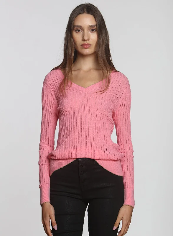 Split - Hem Women's Linen Blend Sweaters for SpringWinnie Rib Vee - Flamingo