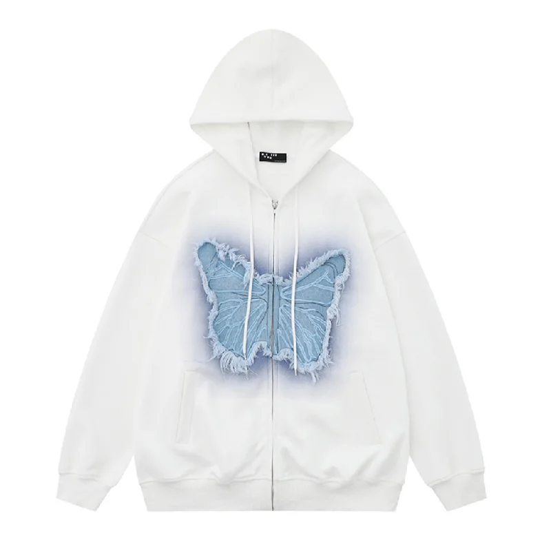 Women's sweatshirt with a mesh panel insert for breathability during workouts3D Denim Butterfly Patch Hoodie Women's sweatshirt with a mesh panel insert for breathability during workouts3D Denim Butterfly Patch Hoodie