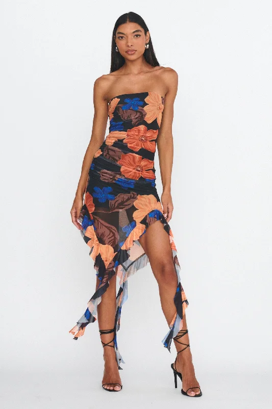 Wrap - Style Women Dress with Adjustable Fit for All Body TypesAfter Party Ruffle Trim Midi Dress Floral Black Wrap - Style Women Dress with Adjustable Fit for All Body TypesAfter Party Ruffle Trim Midi Dress Floral Black