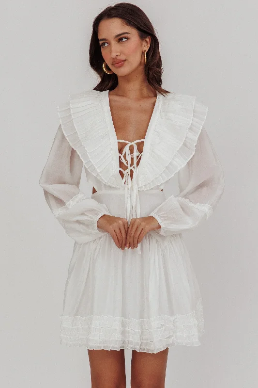 Lace - Embellished Women Dress for an Elegant and Sophisticated AppearanceAlive Pleated Sailor Collar Mini Dress White Lace - Embellished Women Dress for an Elegant and Sophisticated AppearanceAlive Pleated Sailor Collar Mini Dress White