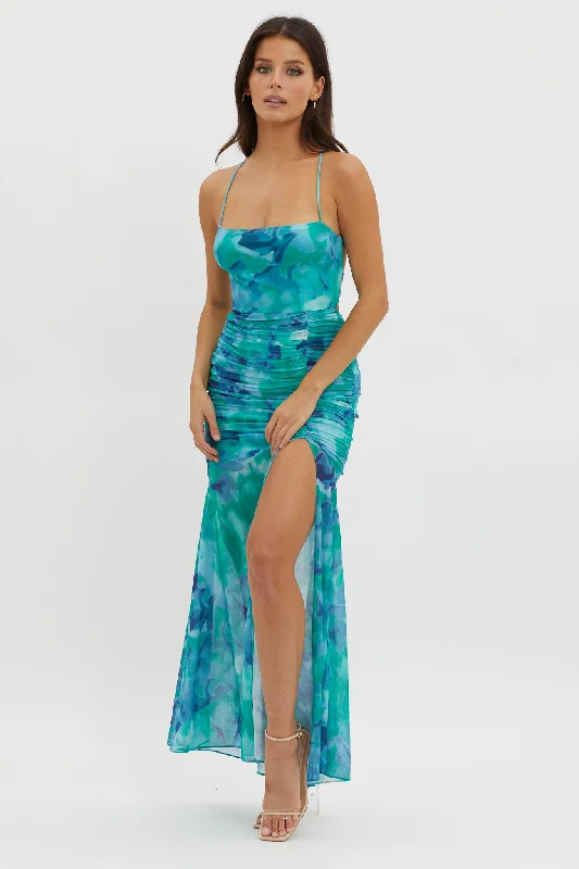 Maxi Women Dress with Floral Print for a Bohemian VibeApryl Ruched Lace-Up Back Dress Green Maxi Women Dress with Floral Print for a Bohemian VibeApryl Ruched Lace-Up Back Dress Green