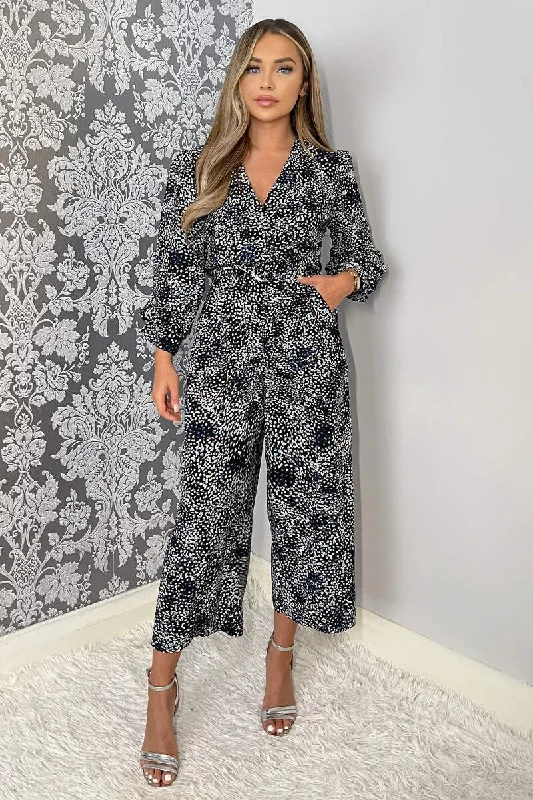 Denim women jumpsuits with ripped details for a casual - edgy lookBlack And Blue Printed Belted Long Sleeve Jumpsuit Denim women jumpsuits with ripped details for a casual - edgy lookBlack And Blue Printed Belted Long Sleeve Jumpsuit