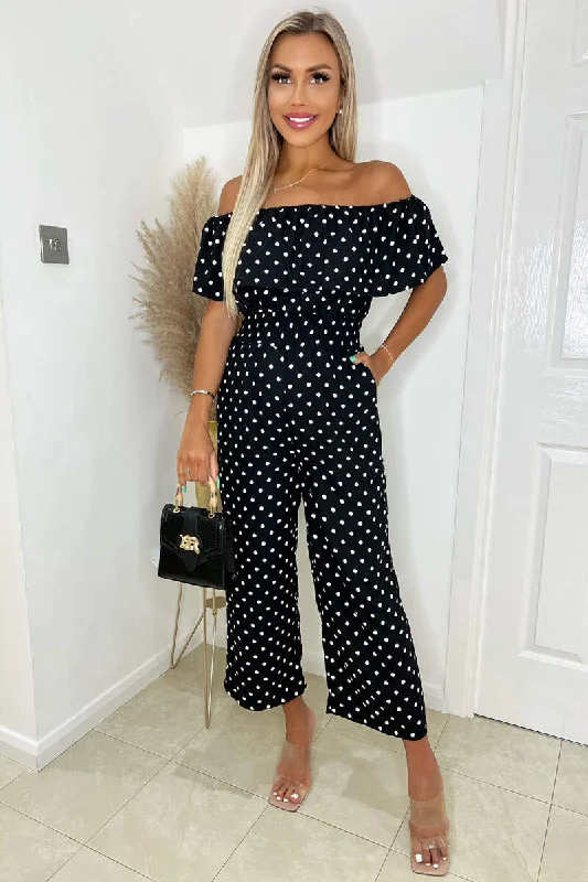 Women jumpsuits with tiered pants for added volume and styleBlack And White Polka Dot Bardot Jumpsuit Women jumpsuits with tiered pants for added volume and styleBlack And White Polka Dot Bardot Jumpsuit