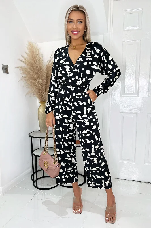 Women jumpsuits with an empire waist for a figure - enhancing lookBlack And White Printed Bat Wing Wrap Top Jumpsuit Women jumpsuits with an empire waist for a figure - enhancing lookBlack And White Printed Bat Wing Wrap Top Jumpsuit