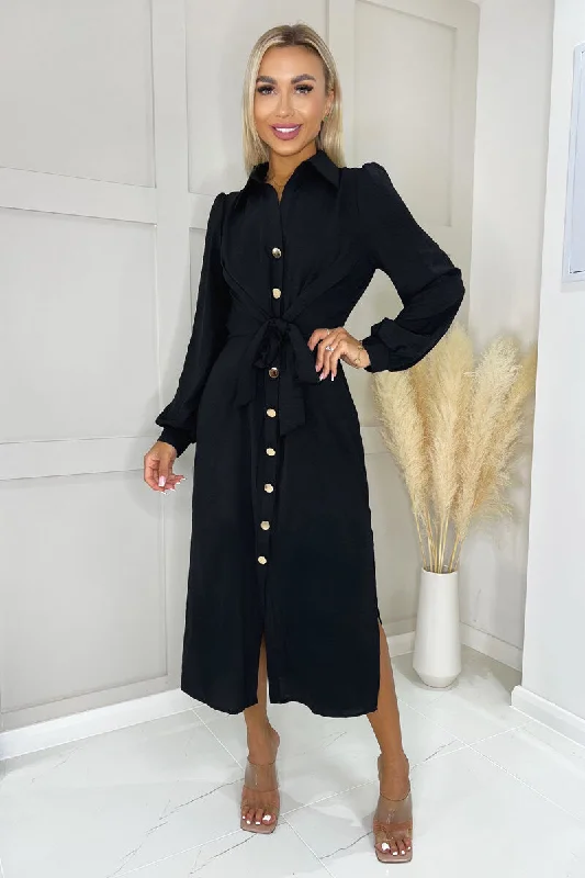 Backless Women Dress for a Sexy and Alluring Look at Evening EventsBlack Button Front Tie Midi Shirt Dress Backless Women Dress for a Sexy and Alluring Look at Evening EventsBlack Button Front Tie Midi Shirt Dress