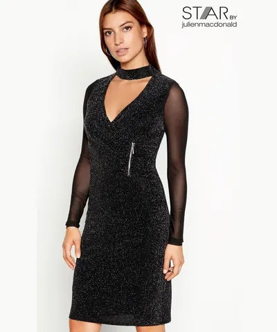 Pleated Women Dress with a Timeless and Elegant TextureBlack Mesh Sleeves Dress