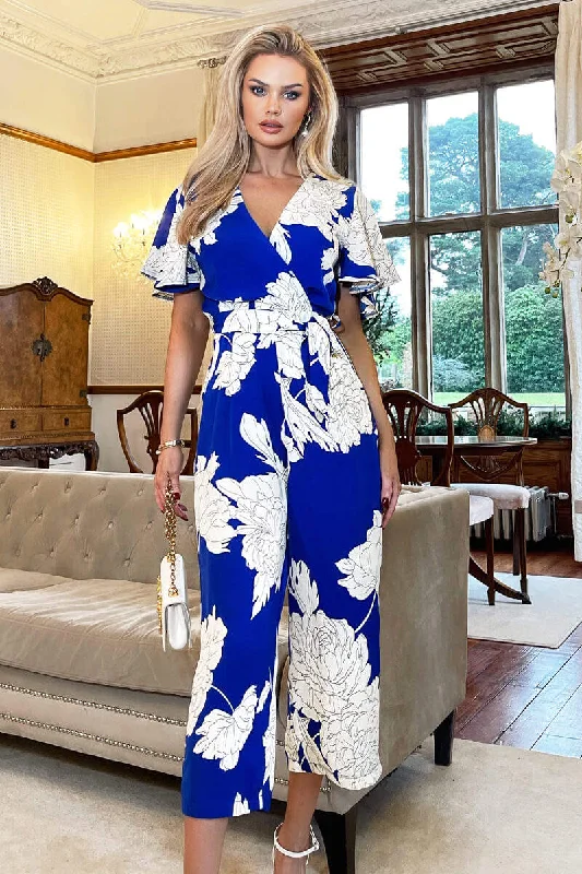 Women jumpsuits with high - low hems for a modern and fashion - forward styleBlue And Cream Floral Printed Butterfly Sleeve Belted Jumpsuit Women jumpsuits with high - low hems for a modern and fashion - forward styleBlue And Cream Floral Printed Butterfly Sleeve Belted Jumpsuit