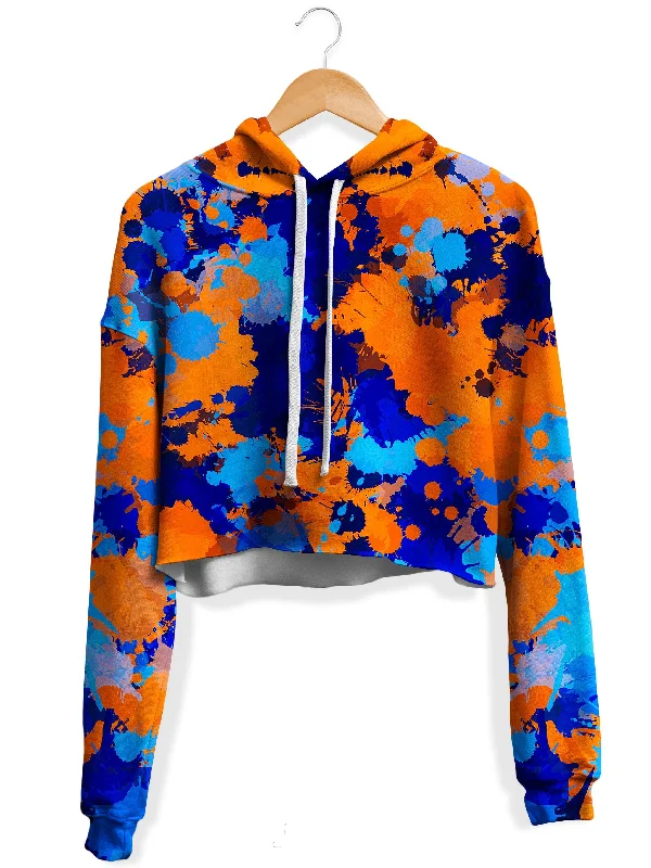 Women's tie - front hoodie in a lightweight fabric for summer layeringBlue and Orange Paint Splatter 2 Fleece Crop Hoodie