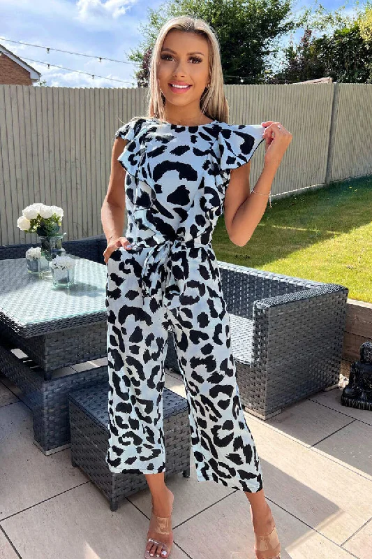 Women jumpsuits with pleated pants for a classic and sophisticated lookBlue Animal Print Frill Front Jumpsuit Women jumpsuits with pleated pants for a classic and sophisticated lookBlue Animal Print Frill Front Jumpsuit