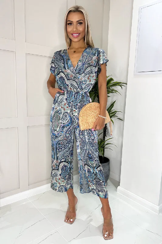 Women jumpsuits with a wrap - around design for a flattering fitBlue Paisley Printed Wrap Front Short Sleeve Jumpsuit Women jumpsuits with a wrap - around design for a flattering fitBlue Paisley Printed Wrap Front Short Sleeve Jumpsuit