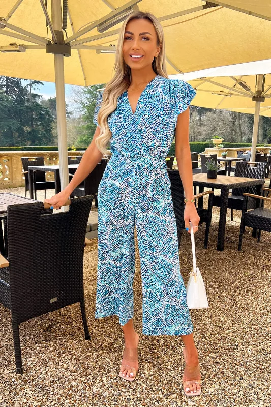 Women jumpsuits with spaghetti - strap tops for a delicate and breezy lookBlue Snake Print V Neck Frill Sleeve Jumpsuit Women jumpsuits with spaghetti - strap tops for a delicate and breezy lookBlue Snake Print V Neck Frill Sleeve Jumpsuit