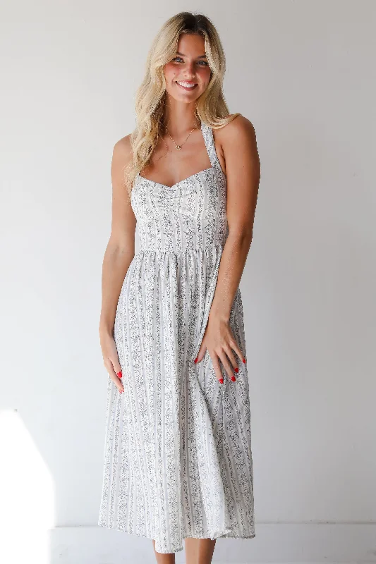 Printed Abstract Women Dress for a Modern and Artistic AppealFINAL SALE - Breezy Composure Blue Striped Floral Halter Midi Dress Printed Abstract Women Dress for a Modern and Artistic AppealFINAL SALE - Breezy Composure Blue Striped Floral Halter Midi Dress