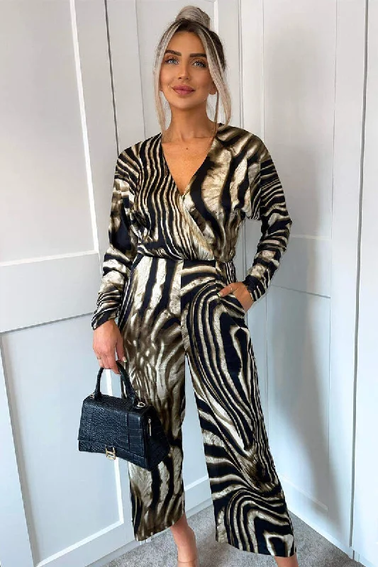 Women jumpsuits with wide - leg pants for a trendy and comfortable fitBrown Printed Bat Wing Wrap Top Jumpsuit Women jumpsuits with wide - leg pants for a trendy and comfortable fitBrown Printed Bat Wing Wrap Top Jumpsuit