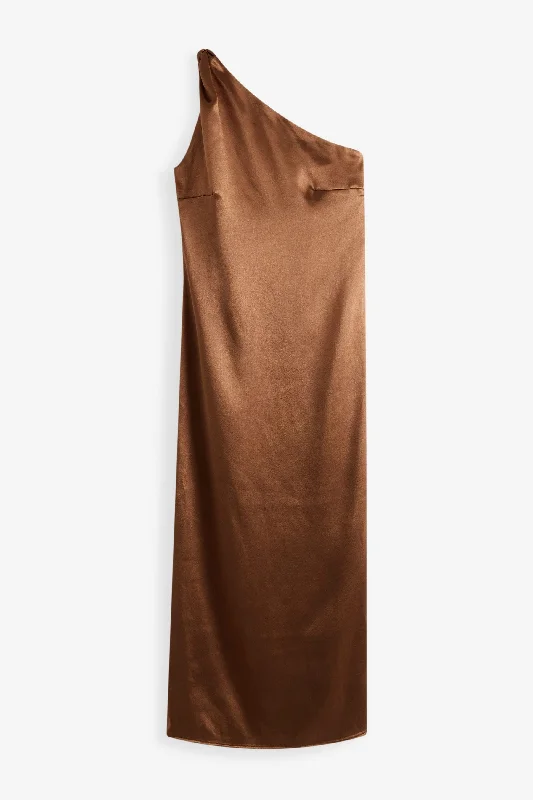 Backless Women Dress for a Sexy and Alluring Look at Evening EventsBrown Rochelle Satin One Shoulder Midi Dress Backless Women Dress for a Sexy and Alluring Look at Evening EventsBrown Rochelle Satin One Shoulder Midi Dress