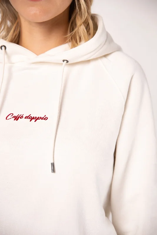 Women's cropped sweatshirt with a slogan graphic for a fun and expressive lookCaffé doppio | Bestickter Bio Baumwoll Frauen Hoodie Women's cropped sweatshirt with a slogan graphic for a fun and expressive lookCaffé doppio | Bestickter Bio Baumwoll Frauen Hoodie