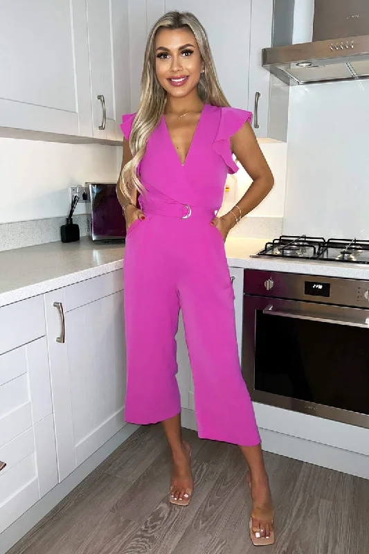 Women jumpsuits with cold - shoulder sleeves for a trendy styleCerise Wrap Front Belted Jumpsuit Women jumpsuits with cold - shoulder sleeves for a trendy styleCerise Wrap Front Belted Jumpsuit