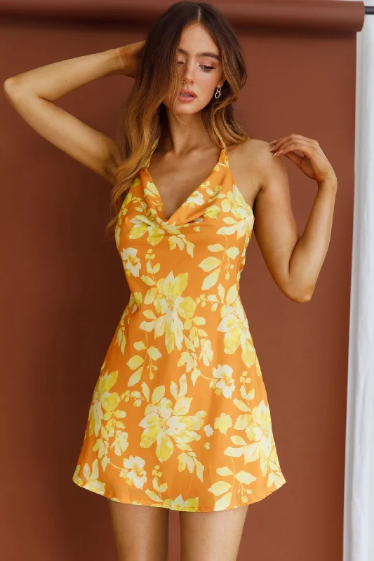 Wrap - Style Women Dress with Adjustable Fit for All Body TypesChampagne Showers Halterneck Slip Mini Dress Watercolor Floral Print Yellow Wrap - Style Women Dress with Adjustable Fit for All Body TypesChampagne Showers Halterneck Slip Mini Dress Watercolor Floral Print Yellow