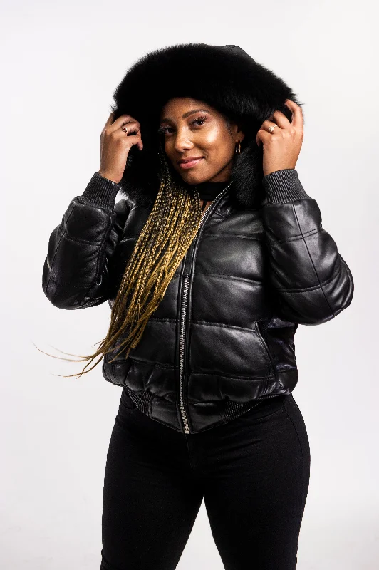 Women's double - breasted tweed jackets in classic colors for a sophisticated office lookWomen's Leather Snorkel Bomber Jacket [Black]