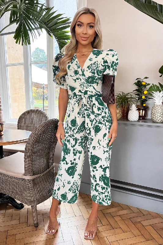 Women jumpsuits with a keyhole back for a unique detailCream And Green Printed Wrap Over Tie Waist Jumpsuit Women jumpsuits with a keyhole back for a unique detailCream And Green Printed Wrap Over Tie Waist Jumpsuit
