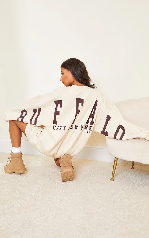 Off - the - Shoulder Women Dress for a Romantic and Feminine LookCream Buffalo N.Y Slogan Sweat Jumper Dress Off - the - Shoulder Women Dress for a Romantic and Feminine LookCream Buffalo N.Y Slogan Sweat Jumper Dress