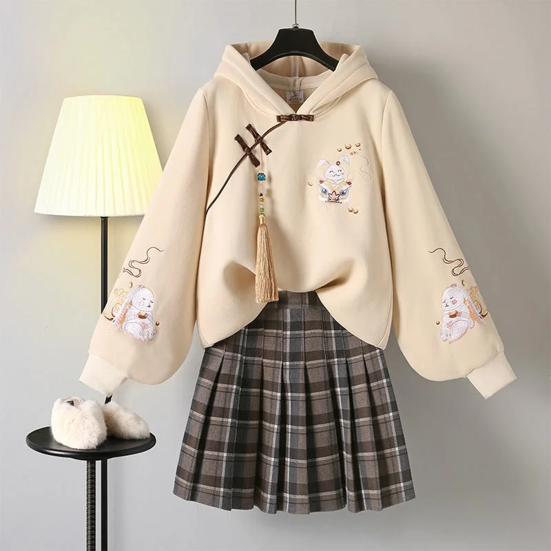 Women's hoodie with a detachable hood for customizable stylingCute Rabbit Lion Dance Embroidery Hoodie Sweatshirt Skirt Women's hoodie with a detachable hood for customizable stylingCute Rabbit Lion Dance Embroidery Hoodie Sweatshirt Skirt