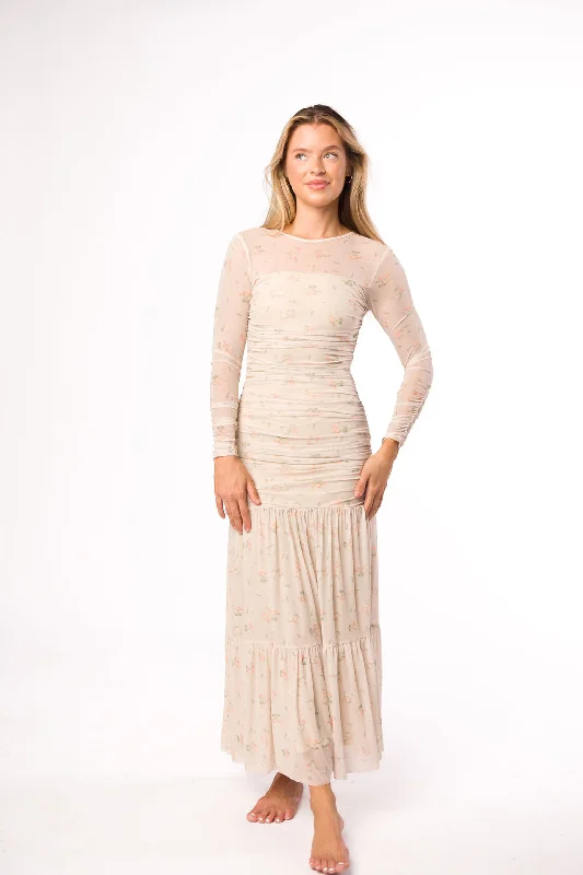 Mermaid - Style Women Dress with a Fitted Silhouette for Special OccasionsCamille Mesh Gathered Side Seam Maxi Dress in Nude Multi Floral Mermaid - Style Women Dress with a Fitted Silhouette for Special OccasionsCamille Mesh Gathered Side Seam Maxi Dress in Nude Multi Floral