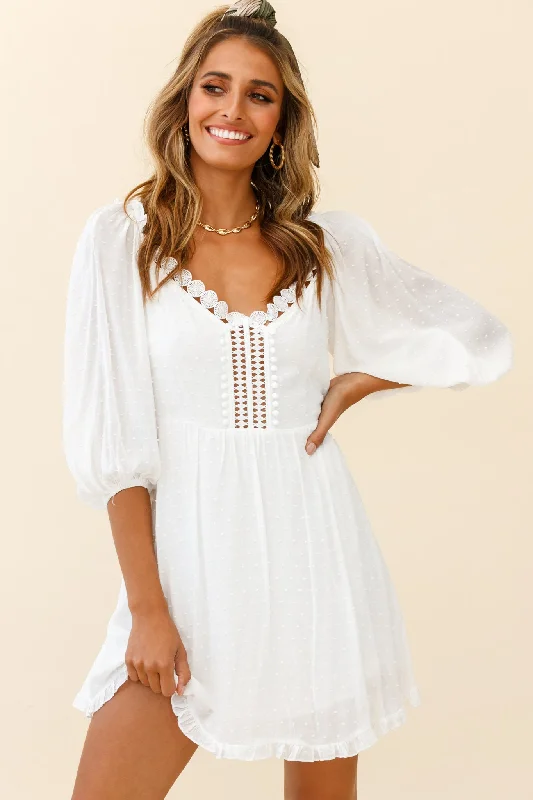 Pleated Women Dress with a Timeless and Elegant TextureDream Lover Puff Sleeve Crochet Insert Dress White