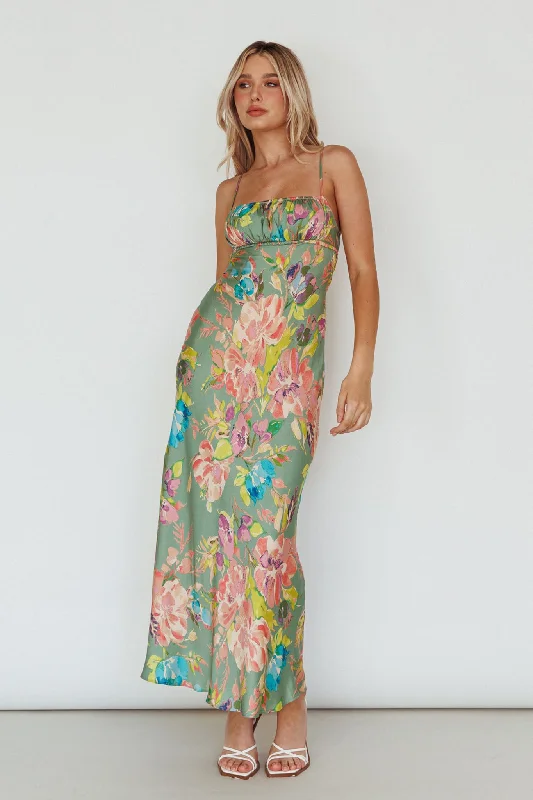 Maxi Women Dress with Floral Print for a Bohemian VibeFrom Above V-Back Midi Dress Floral Green Maxi Women Dress with Floral Print for a Bohemian VibeFrom Above V-Back Midi Dress Floral Green