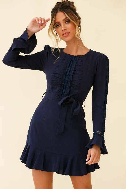 Little Black Women Dress with Sequins for a Glamorous Night OutGardenia Long Sleeve Frill & Crochet Trim Dress Navy Little Black Women Dress with Sequins for a Glamorous Night OutGardenia Long Sleeve Frill & Crochet Trim Dress Navy