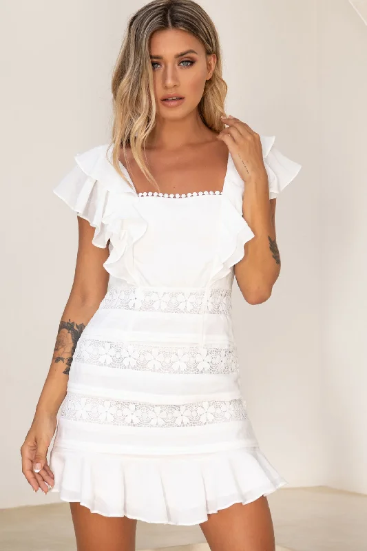 Mini Women Dress with a Short Hem for a Young and Trendy StyleGood Graces Ruffle Shoulder Crochet Insert Dress White Mini Women Dress with a Short Hem for a Young and Trendy StyleGood Graces Ruffle Shoulder Crochet Insert Dress White