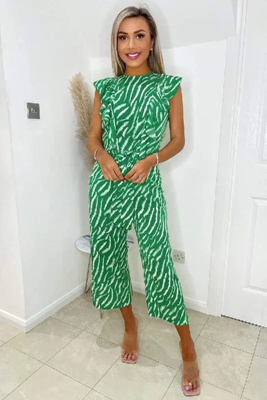 Polyester women jumpsuits for easy - care and durable everyday wearGreen And White Animal Print Frill Front Jumpsuit