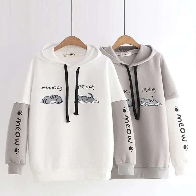 Women's color - block hoodie combining bold hues for a fashion - forward statementHarajuku Meow Kitty Cat Mood Letter Print Sweatshirt Hoodie Women's color - block hoodie combining bold hues for a fashion - forward statementHarajuku Meow Kitty Cat Mood Letter Print Sweatshirt Hoodie