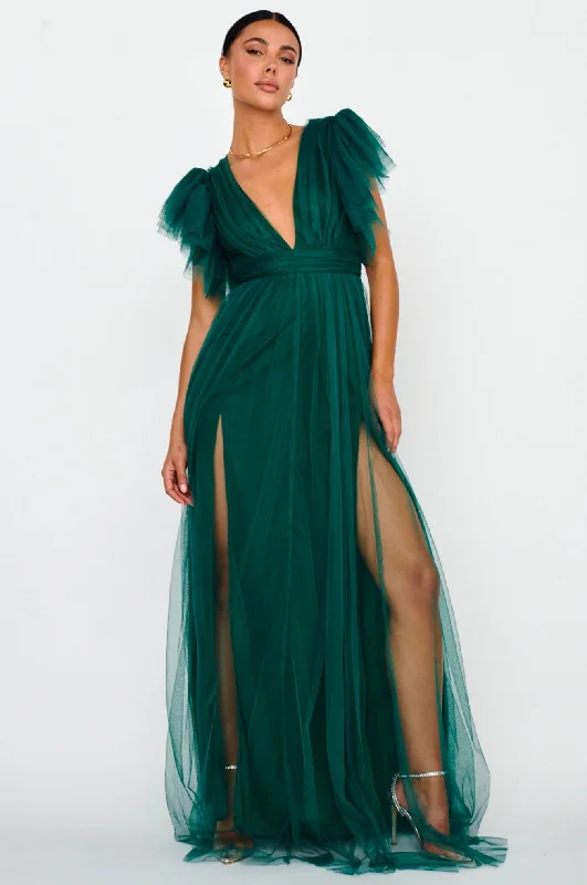 Printed Abstract Women Dress for a Modern and Artistic AppealHeaven's Love Deep V-Neck Tulle Maxi Dress Hunter Green Printed Abstract Women Dress for a Modern and Artistic AppealHeaven's Love Deep V-Neck Tulle Maxi Dress Hunter Green