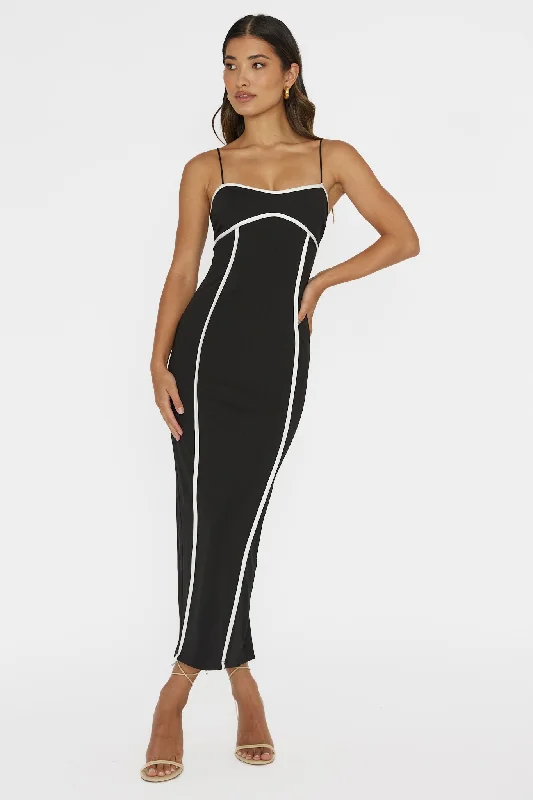 Mermaid - Style Women Dress with a Fitted Silhouette for Special OccasionsJustyna Contrast Piping Trim Midi Dress Black Mermaid - Style Women Dress with a Fitted Silhouette for Special OccasionsJustyna Contrast Piping Trim Midi Dress Black