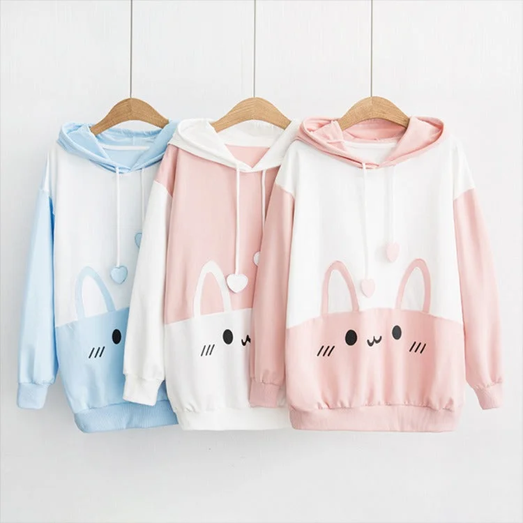 Women's long - sleeve cropped sweatshirt with ribbed cuffs for a snug fitKawaii Happy Rabbit Print Sweatshirt Hoodie