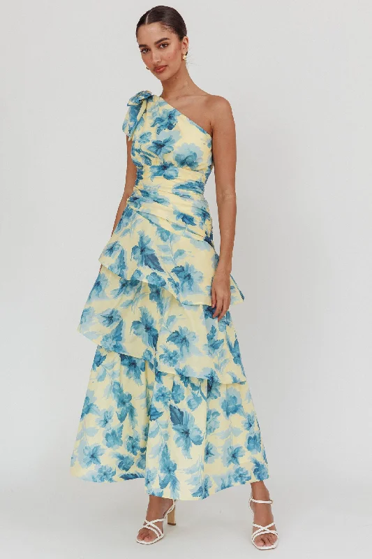 Printed Abstract Women Dress for a Modern and Artistic AppealKenny One Shoulder Tiered Floral Maxi Dress Yellow Printed Abstract Women Dress for a Modern and Artistic AppealKenny One Shoulder Tiered Floral Maxi Dress Yellow