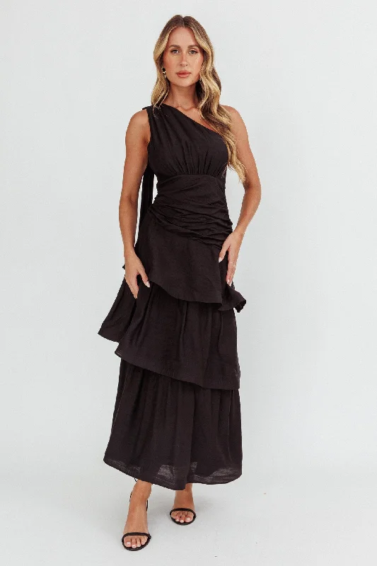 Backless Women Dress for a Sexy and Alluring Look at Evening EventsKenny One Shoulder Tiered Maxi Dress Solid Black