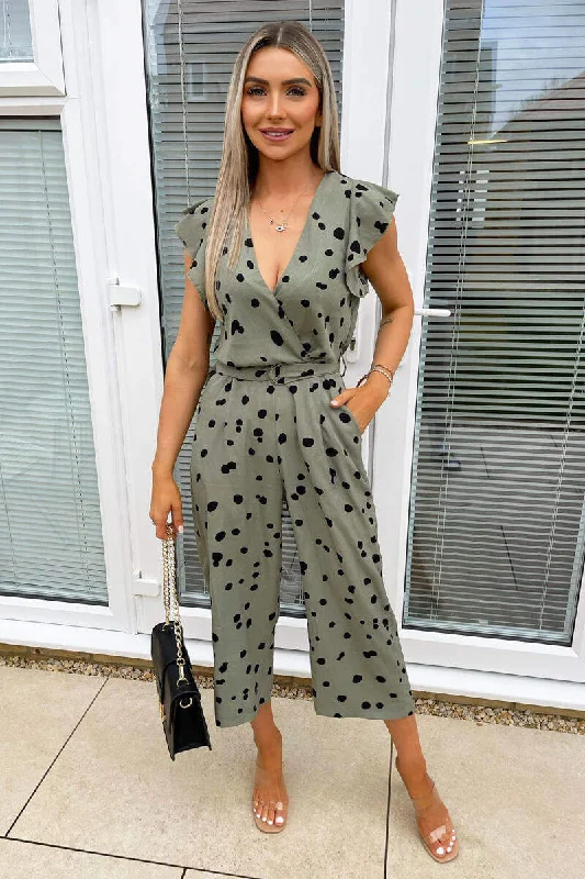 Women jumpsuits with one - shoulder tops for a stylish and asymmetric lookKhaki And Black Dotty Wrap Front Belted Jumpsuit Women jumpsuits with one - shoulder tops for a stylish and asymmetric lookKhaki And Black Dotty Wrap Front Belted Jumpsuit